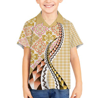 Aloha Vintage Palaka Floral Hawaiian Quilt Family Matching Off Shoulder Short Dress and Hawaiian Shirt Melemele Motif - Polynesian Pride