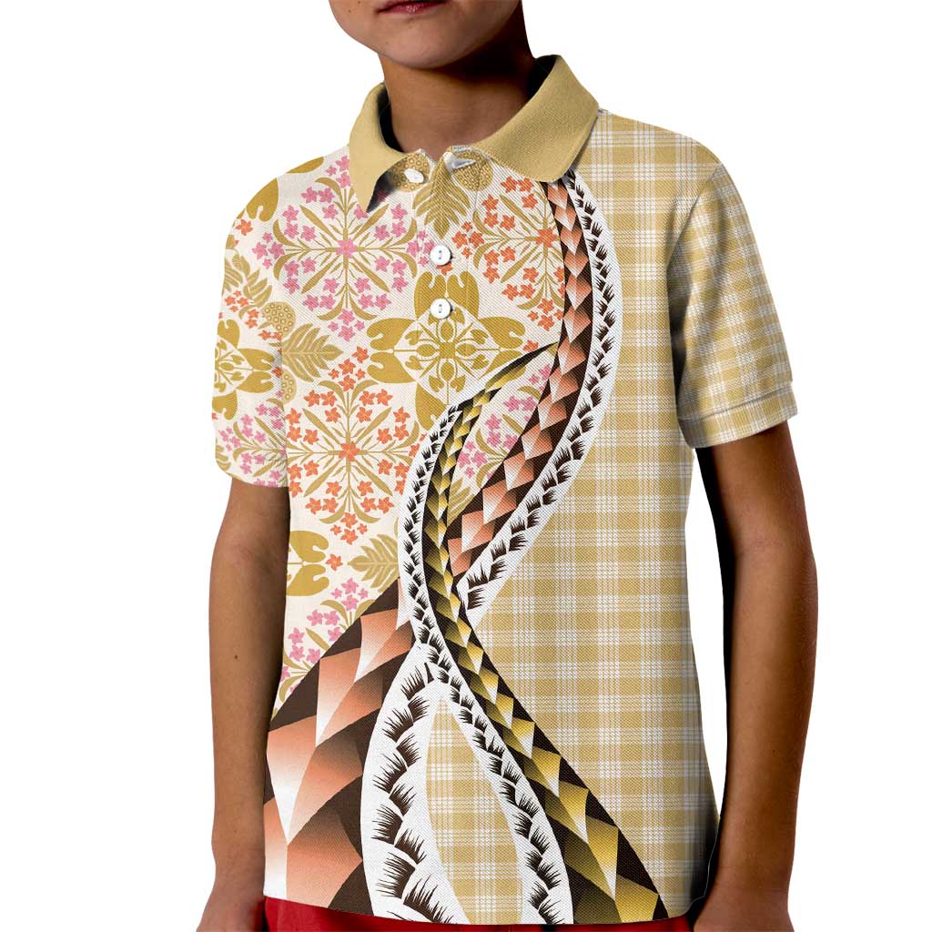 Aloha Vintage Palaka Floral Hawaiian Quilt Kid Polo Shirt Melemele Motif - Polynesian Pride