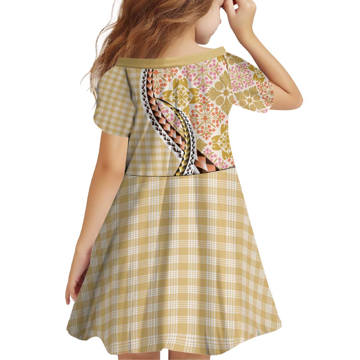 Aloha Vintage Palaka Floral Hawaiian Quilt Kid Short Sleeve Dress Melemele Motif LT9 - Polynesian Pride