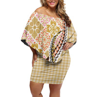 Aloha Vintage Palaka Floral Hawaiian Quilt Off Shoulder Short Dress Melemele Motif - Polynesian Pride