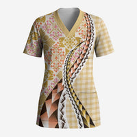 Aloha Vintage Palaka Floral Hawaiian Quilt Scrub Top Melemele Motif - Polynesian Pride