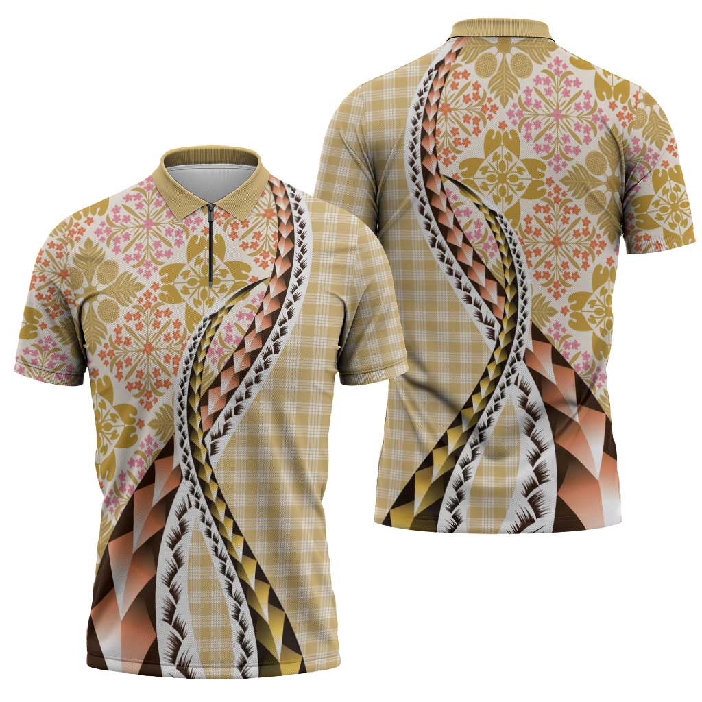 Aloha Vintage Palaka Floral Hawaiian Quilt Zipper Polo Shirt Melemele Motif - Polynesian Pride