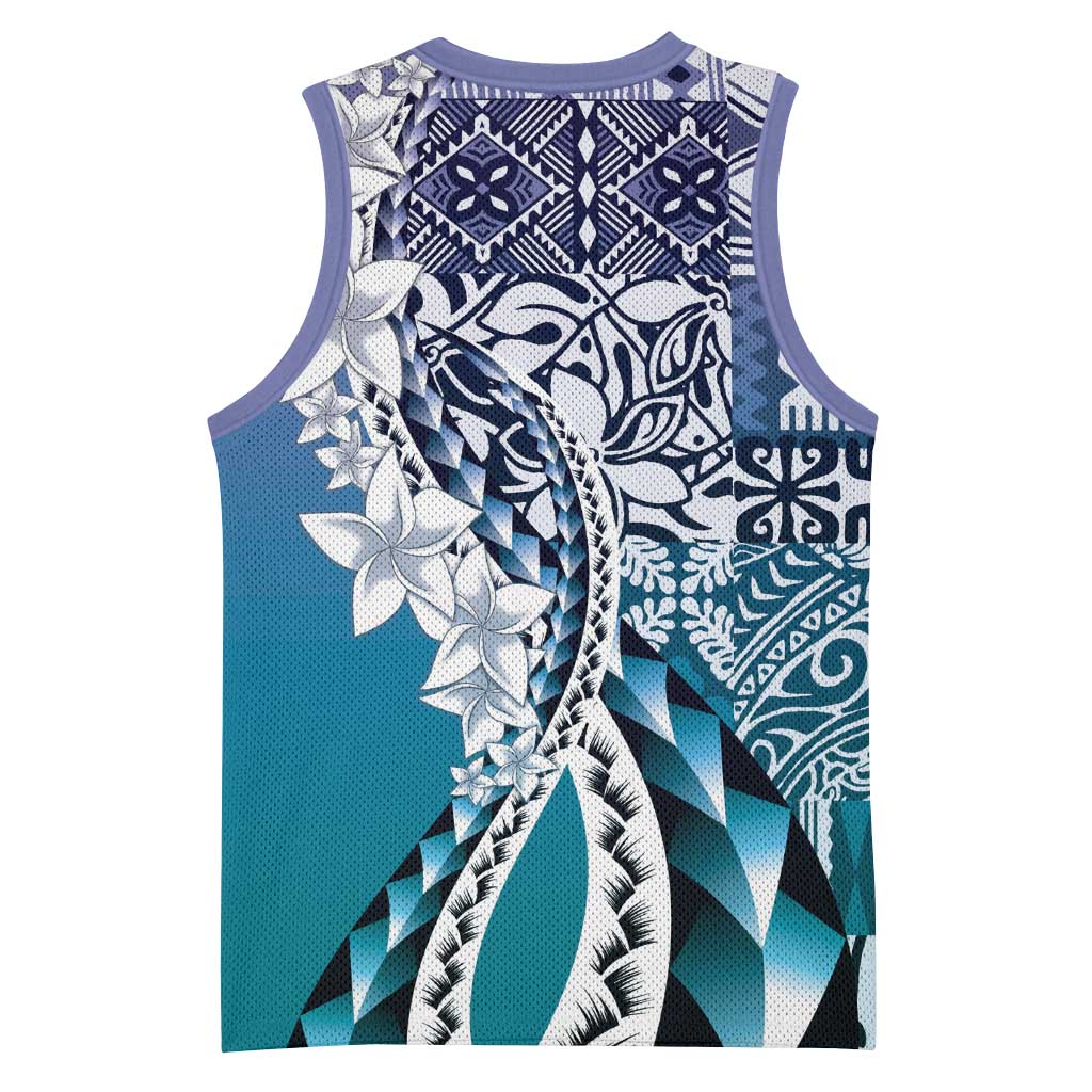 Aloha Vintage Plumeria Hawaiian Tapa Pattern Basketball Jersey Blue Hawaiian Tapa Pattern - Polynesian Pride