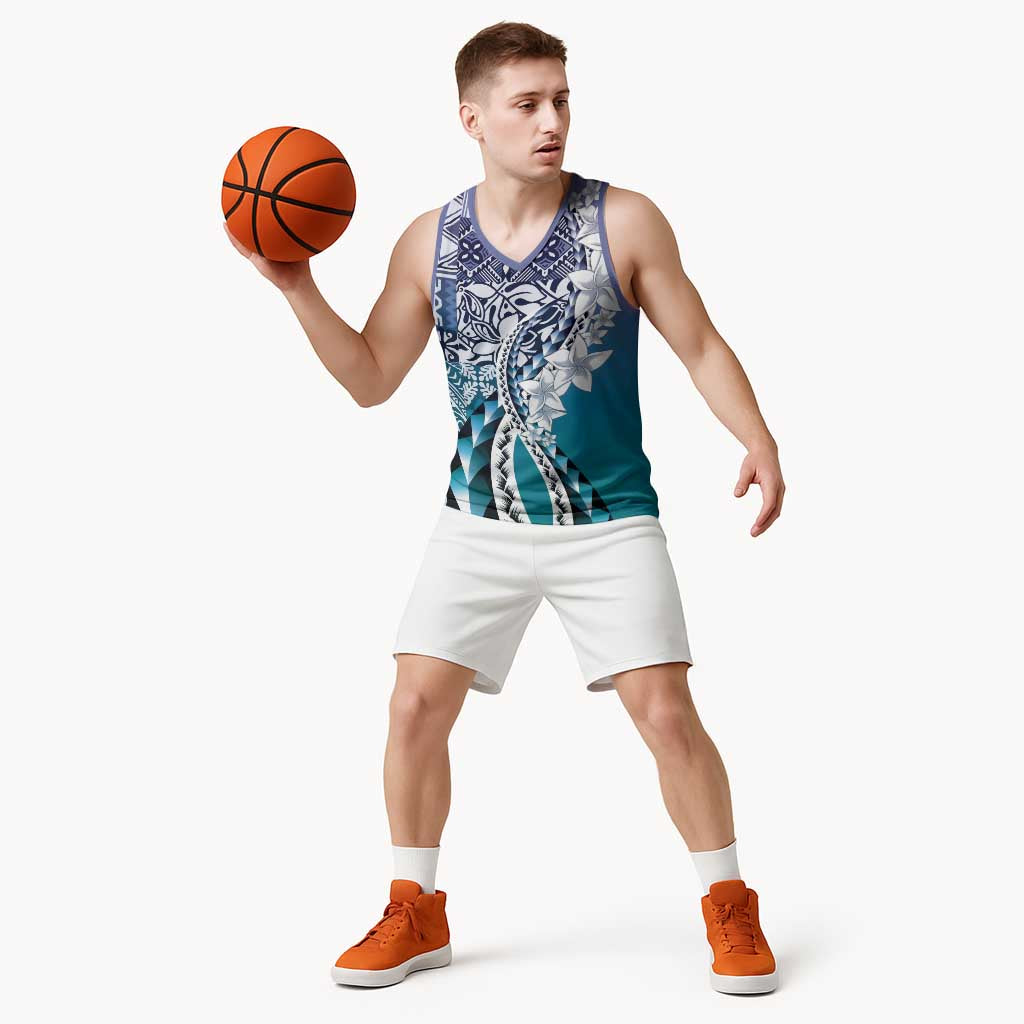 Aloha Vintage Plumeria Hawaiian Tapa Pattern Basketball Jersey Blue Hawaiian Tapa Pattern - Polynesian Pride