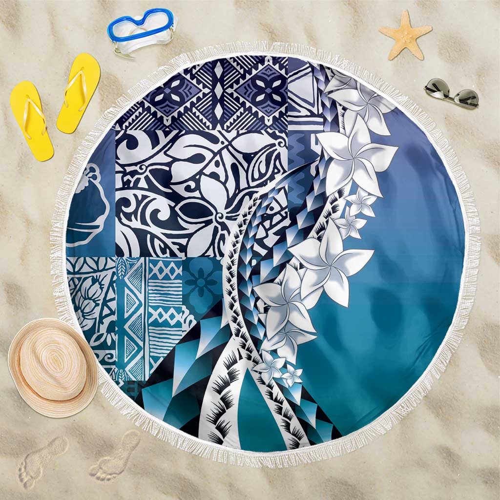 Aloha Vintage Plumeria Hawaiian Tapa Pattern Beach Blanket Blue Hawaiian Tapa Pattern - Polynesian Pride