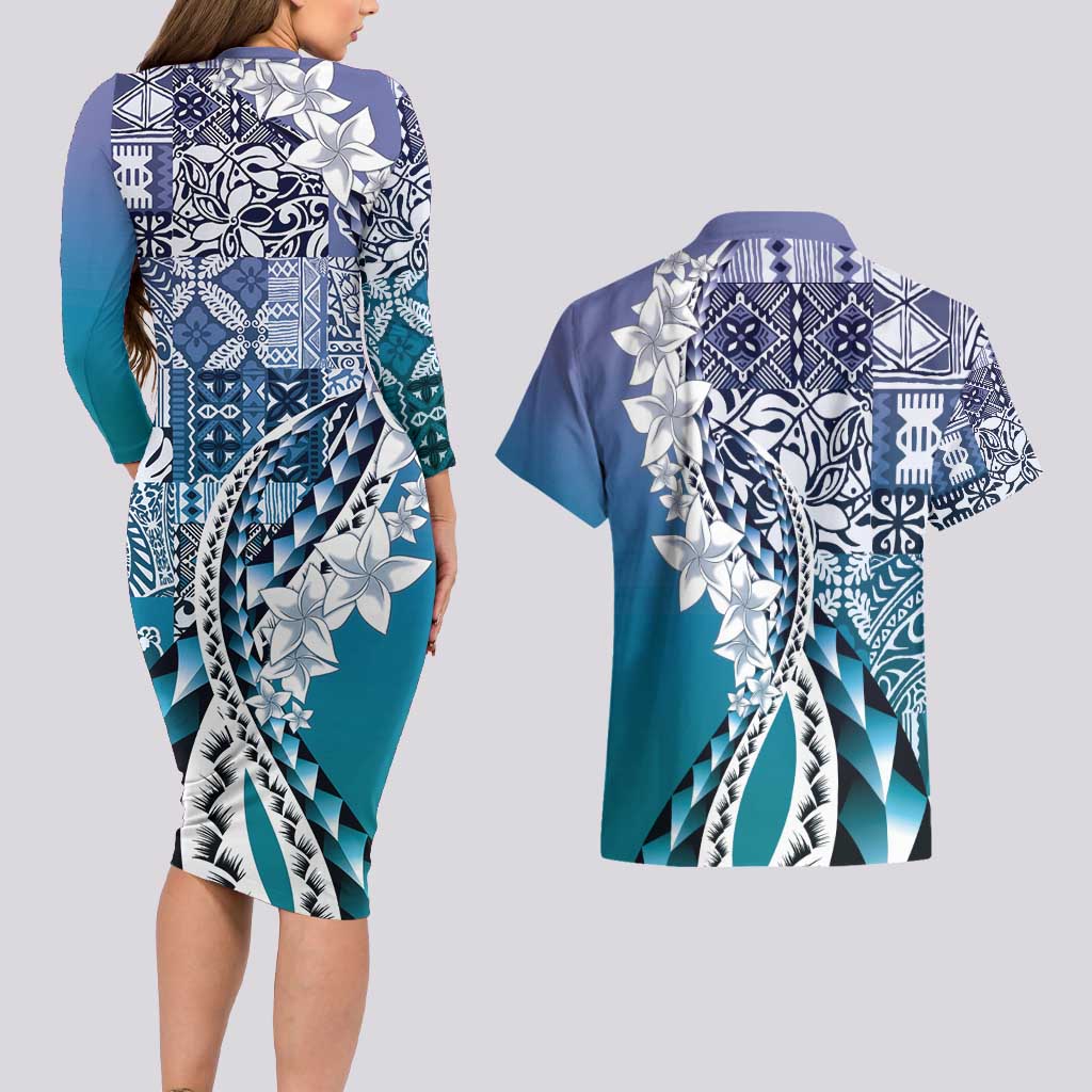 Aloha Vintage Plumeria Hawaiian Tapa Pattern Couples Matching Long Sleeve Bodycon Dress and Hawaiian Shirt Blue Hawaiian Tapa Pattern LT9 - Polynesian Pride
