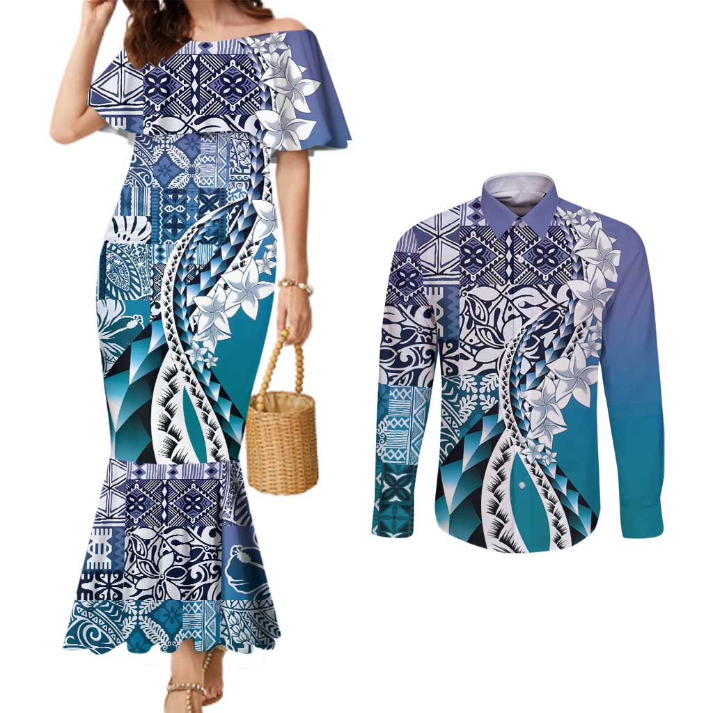 Aloha Vintage Plumeria Hawaiian Tapa Pattern Couples Matching Mermaid Dress and Long Sleeve Button Shirt Blue Hawaiian Tapa Pattern - Polynesian Pride