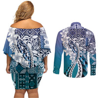 Aloha Vintage Plumeria Hawaiian Tapa Pattern Couples Matching Off Shoulder Short Dress and Long Sleeve Button Shirt Blue Hawaiian Tapa Pattern - Polynesian Pride