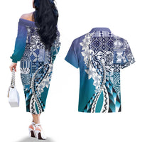Aloha Vintage Plumeria Hawaiian Tapa Pattern Couples Matching Off The Shoulder Long Sleeve Dress and Hawaiian Shirt Blue Hawaiian Tapa Pattern - Polynesian Pride