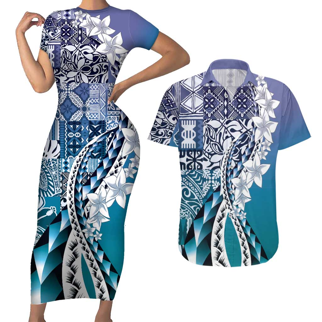 Aloha Vintage Plumeria Hawaiian Tapa Pattern Couples Matching Short Sleeve Bodycon Dress and Hawaiian Shirt Blue Hawaiian Tapa Pattern LT9 Blue - Polynesian Pride