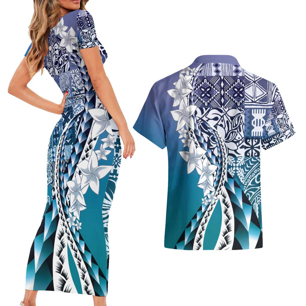 Aloha Vintage Plumeria Hawaiian Tapa Pattern Couples Matching Short Sleeve Bodycon Dress and Hawaiian Shirt Blue Hawaiian Tapa Pattern LT9 - Polynesian Pride