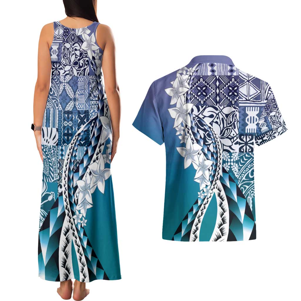 Aloha Vintage Plumeria Hawaiian Tapa Pattern Couples Matching Tank Maxi Dress and Hawaiian Shirt Blue Hawaiian Tapa Pattern - Polynesian Pride