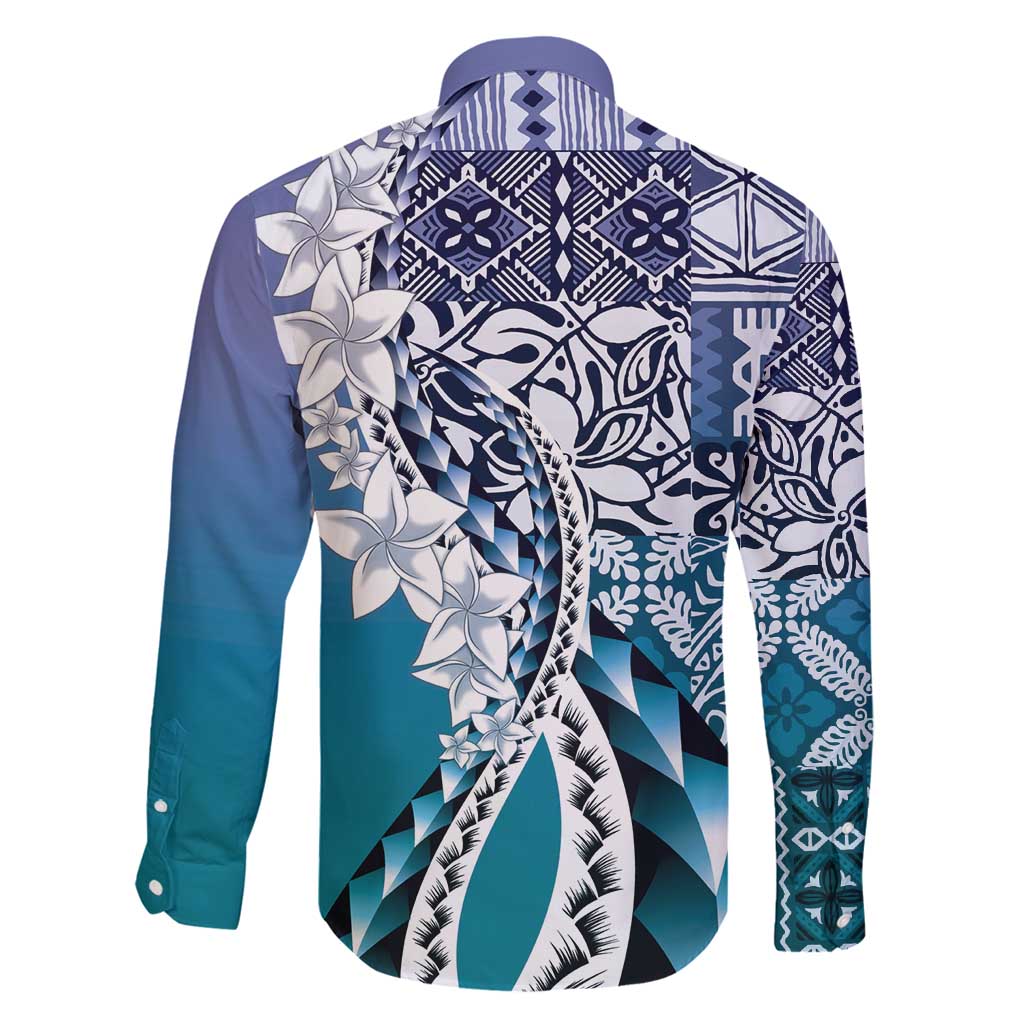 Aloha Vintage Plumeria Hawaiian Tapa Pattern Family Matching Long Sleeve Bodycon Dress and Hawaiian Shirt Blue Hawaiian Tapa Pattern LT9 - Polynesian Pride