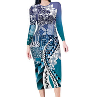 Aloha Vintage Plumeria Hawaiian Tapa Pattern Family Matching Long Sleeve Bodycon Dress and Hawaiian Shirt Blue Hawaiian Tapa Pattern LT9 Mom's Dress Blue - Polynesian Pride