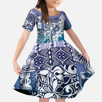 Aloha Vintage Plumeria Hawaiian Tapa Pattern Family Matching Mermaid Dress and Hawaiian Shirt Blue Hawaiian Tapa Pattern LT9 Daughter's Dress Blue - Polynesian Pride