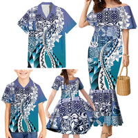 Aloha Vintage Plumeria Hawaiian Tapa Pattern Family Matching Mermaid Dress and Hawaiian Shirt Blue Hawaiian Tapa Pattern LT9 - Polynesian Pride