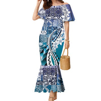 Aloha Vintage Plumeria Hawaiian Tapa Pattern Family Matching Mermaid Dress and Hawaiian Shirt Blue Hawaiian Tapa Pattern LT9 Mom's Dress Blue - Polynesian Pride