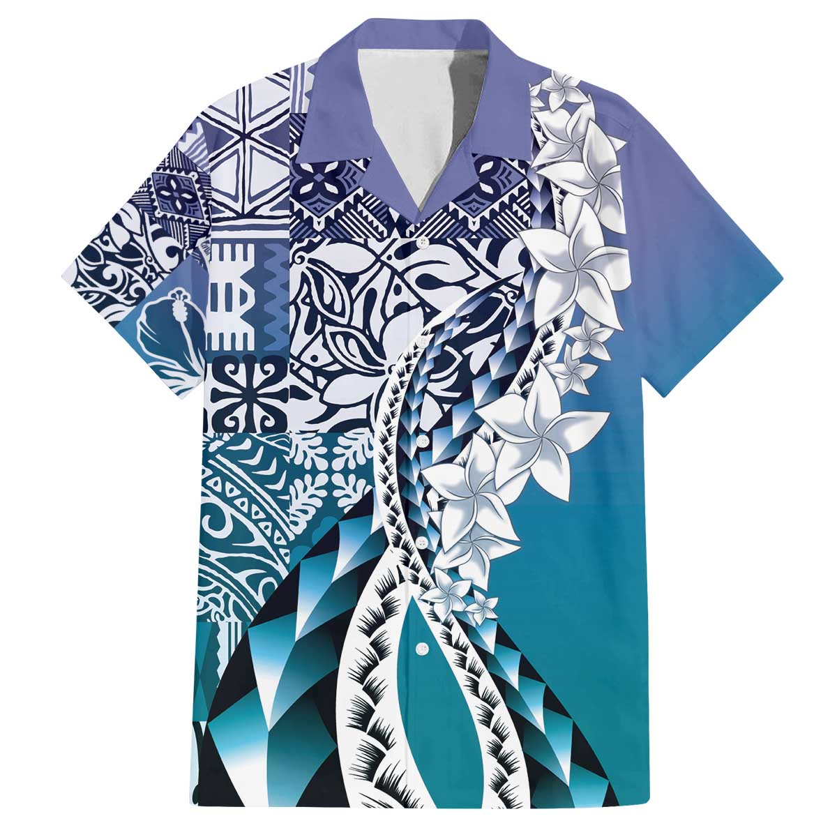 Aloha Vintage Plumeria Hawaiian Tapa Pattern Family Matching Off The Shoulder Long Sleeve Dress and Hawaiian Shirt Blue Hawaiian Tapa Pattern - Polynesian Pride