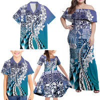 Aloha Vintage Plumeria Hawaiian Tapa Pattern Family Matching Off Shoulder Maxi Dress and Hawaiian Shirt Blue Hawaiian Tapa Pattern - Polynesian Pride