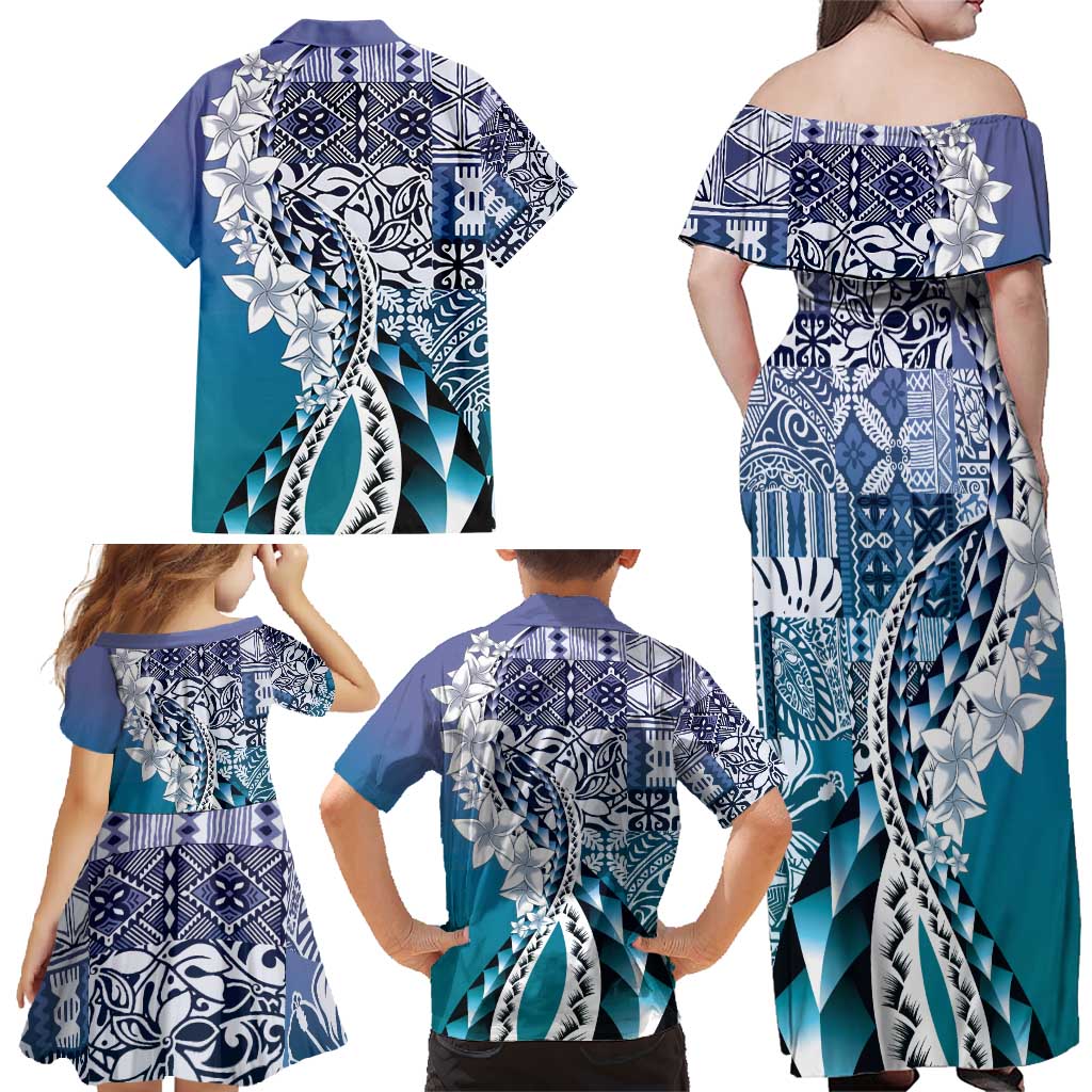 Aloha Vintage Plumeria Hawaiian Tapa Pattern Family Matching Off Shoulder Maxi Dress and Hawaiian Shirt Blue Hawaiian Tapa Pattern - Polynesian Pride