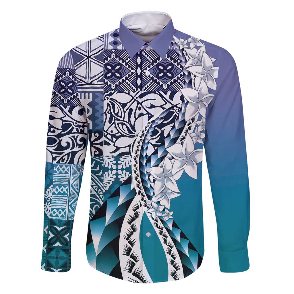 Aloha Vintage Plumeria Hawaiian Tapa Pattern Family Matching Off Shoulder Maxi Dress and Hawaiian Shirt Blue Hawaiian Tapa Pattern - Polynesian Pride