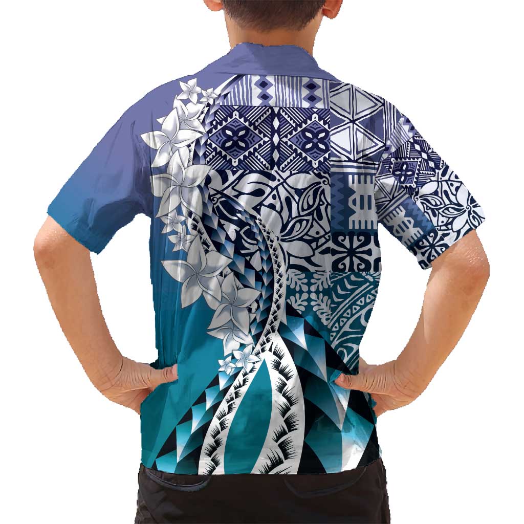 Aloha Vintage Plumeria Hawaiian Tapa Pattern Family Matching Off Shoulder Short Dress and Hawaiian Shirt Blue Hawaiian Tapa Pattern LT9 - Polynesian Pride