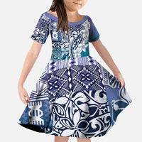 Aloha Vintage Plumeria Hawaiian Tapa Pattern Family Matching Puletasi and Hawaiian Shirt Blue Hawaiian Tapa Pattern LT9 Daughter's Dress Blue - Polynesian Pride