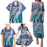 Aloha Vintage Plumeria Hawaiian Tapa Pattern Family Matching Puletasi and Hawaiian Shirt Blue Hawaiian Tapa Pattern LT9 - Polynesian Pride