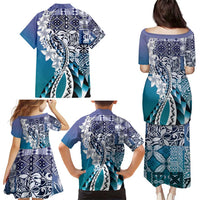 Aloha Vintage Plumeria Hawaiian Tapa Pattern Family Matching Puletasi and Hawaiian Shirt Blue Hawaiian Tapa Pattern LT9 - Polynesian Pride