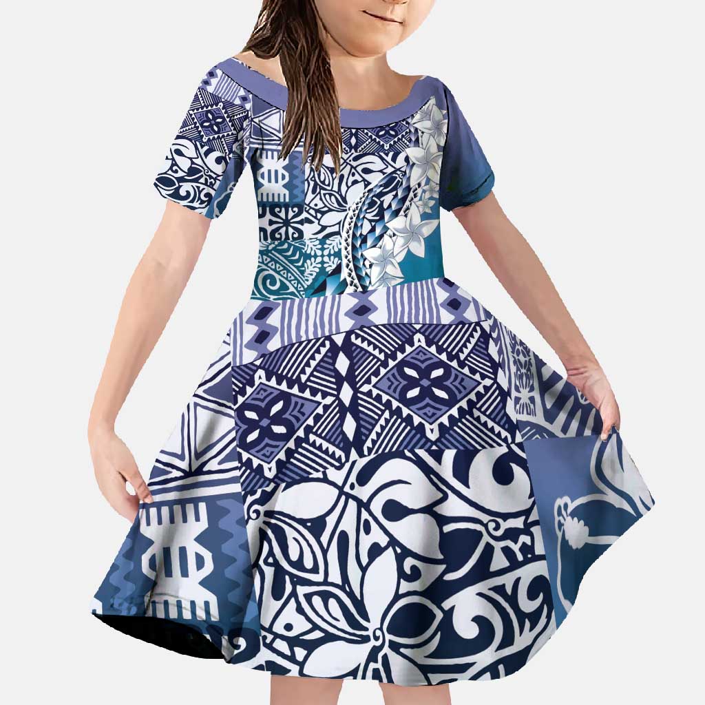 Aloha Vintage Plumeria Hawaiian Tapa Pattern Family Matching Short Sleeve Bodycon Dress and Hawaiian Shirt Blue Hawaiian Tapa Pattern LT9 Daughter's Dress Blue - Polynesian Pride