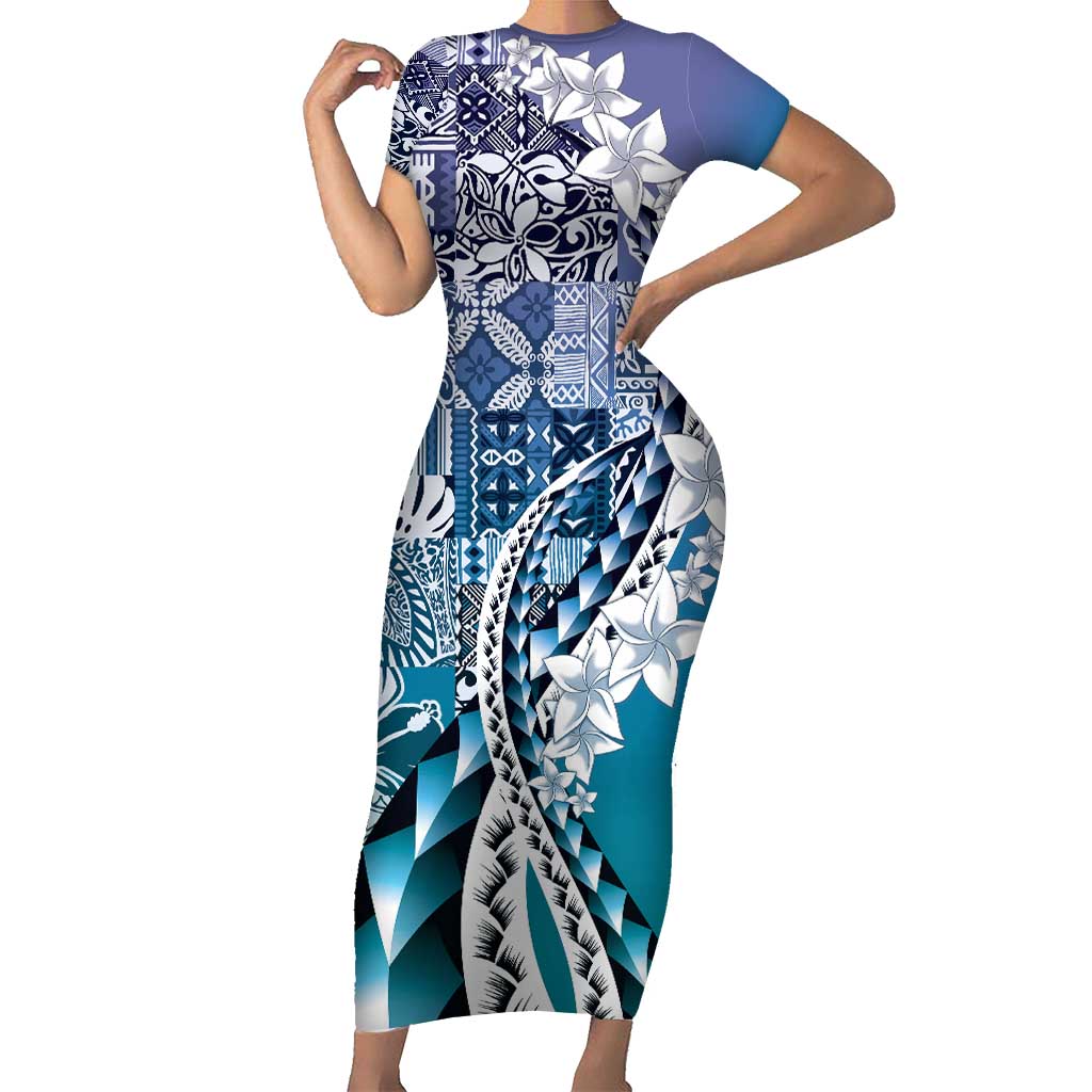 Aloha Vintage Plumeria Hawaiian Tapa Pattern Family Matching Short Sleeve Bodycon Dress and Hawaiian Shirt Blue Hawaiian Tapa Pattern LT9 Mom's Dress Blue - Polynesian Pride