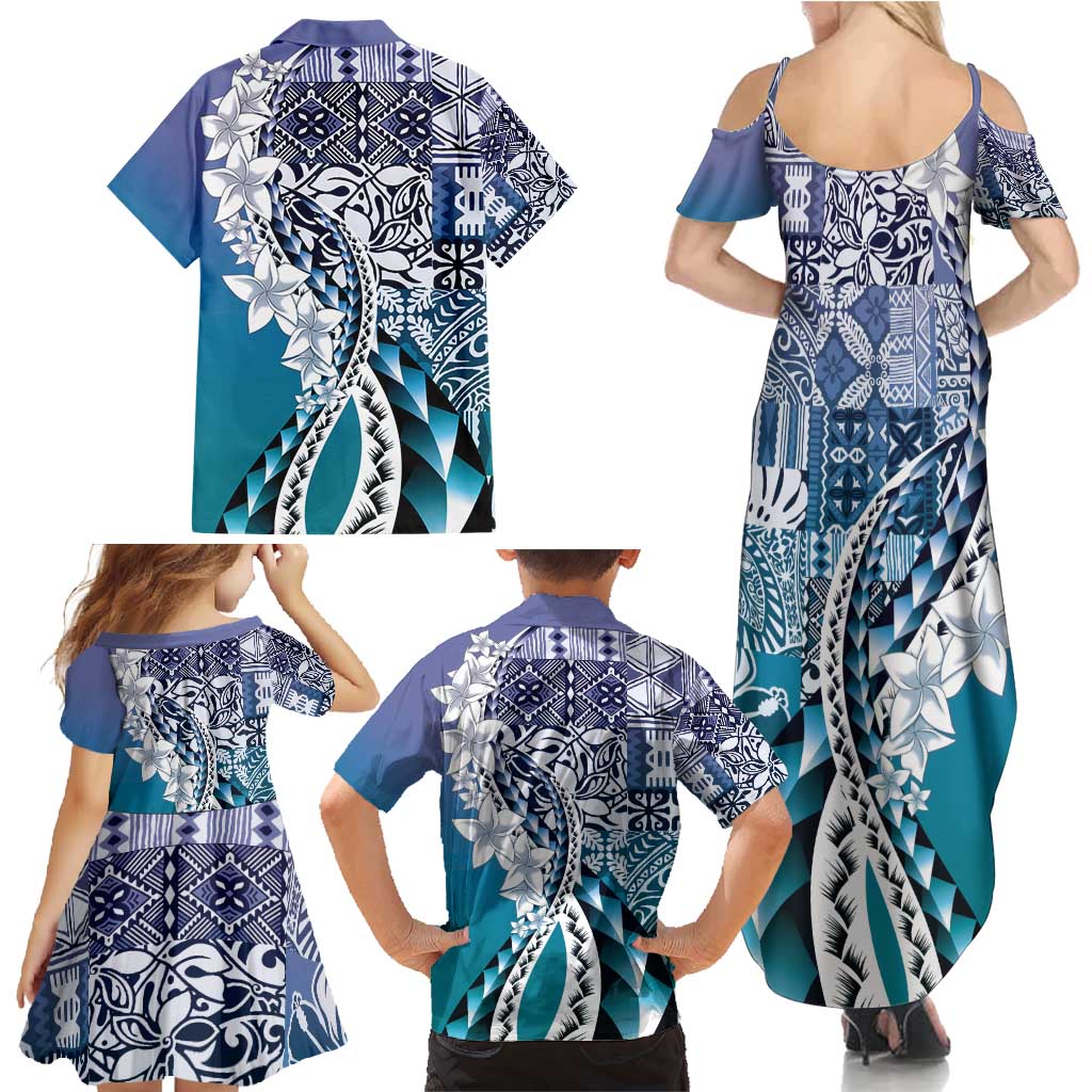 Aloha Vintage Plumeria Hawaiian Tapa Pattern Family Matching Summer Maxi Dress and Hawaiian Shirt Blue Hawaiian Tapa Pattern - Polynesian Pride