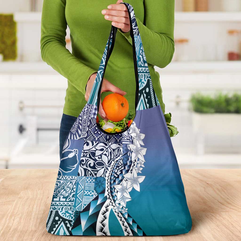 Aloha Vintage Plumeria Hawaiian Tapa Pattern Grocery Bag Blue Hawaiian Tapa Pattern - Polynesian Pride