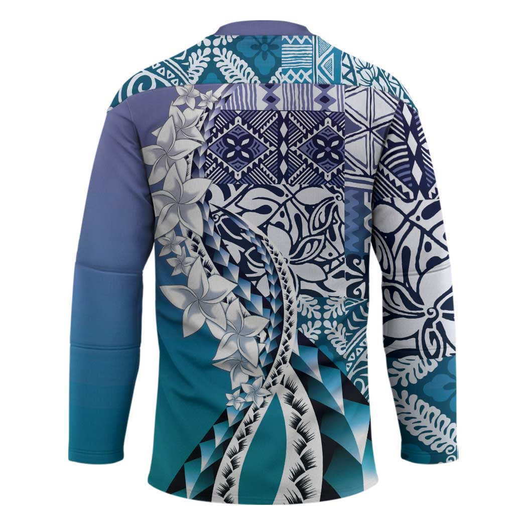 Aloha Vintage Plumeria Hawaiian Tapa Pattern Hockey Jersey Blue Hawaiian Tapa Pattern - Polynesian Pride