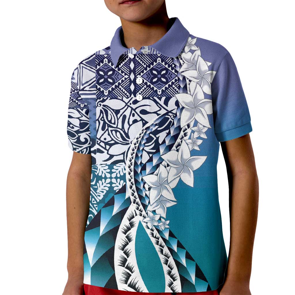 Aloha Vintage Plumeria Hawaiian Tapa Pattern Kid Polo Shirt Blue Hawaiian Tapa Pattern - Polynesian Pride
