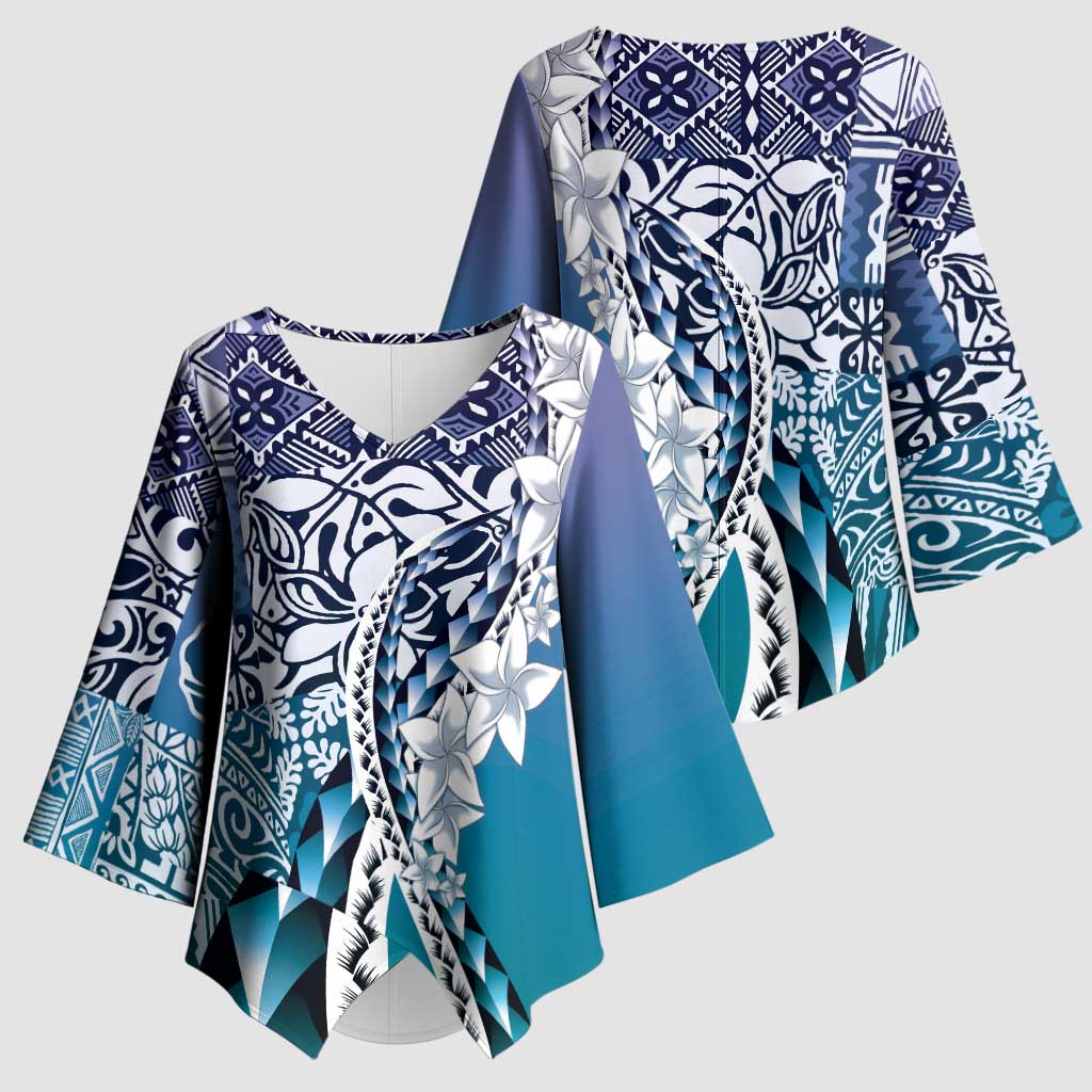 Aloha Vintage Plumeria Hawaiian Tapa Pattern Kimono Sleeve Blouse Blue Hawaiian Tapa Pattern - Polynesian Pride
