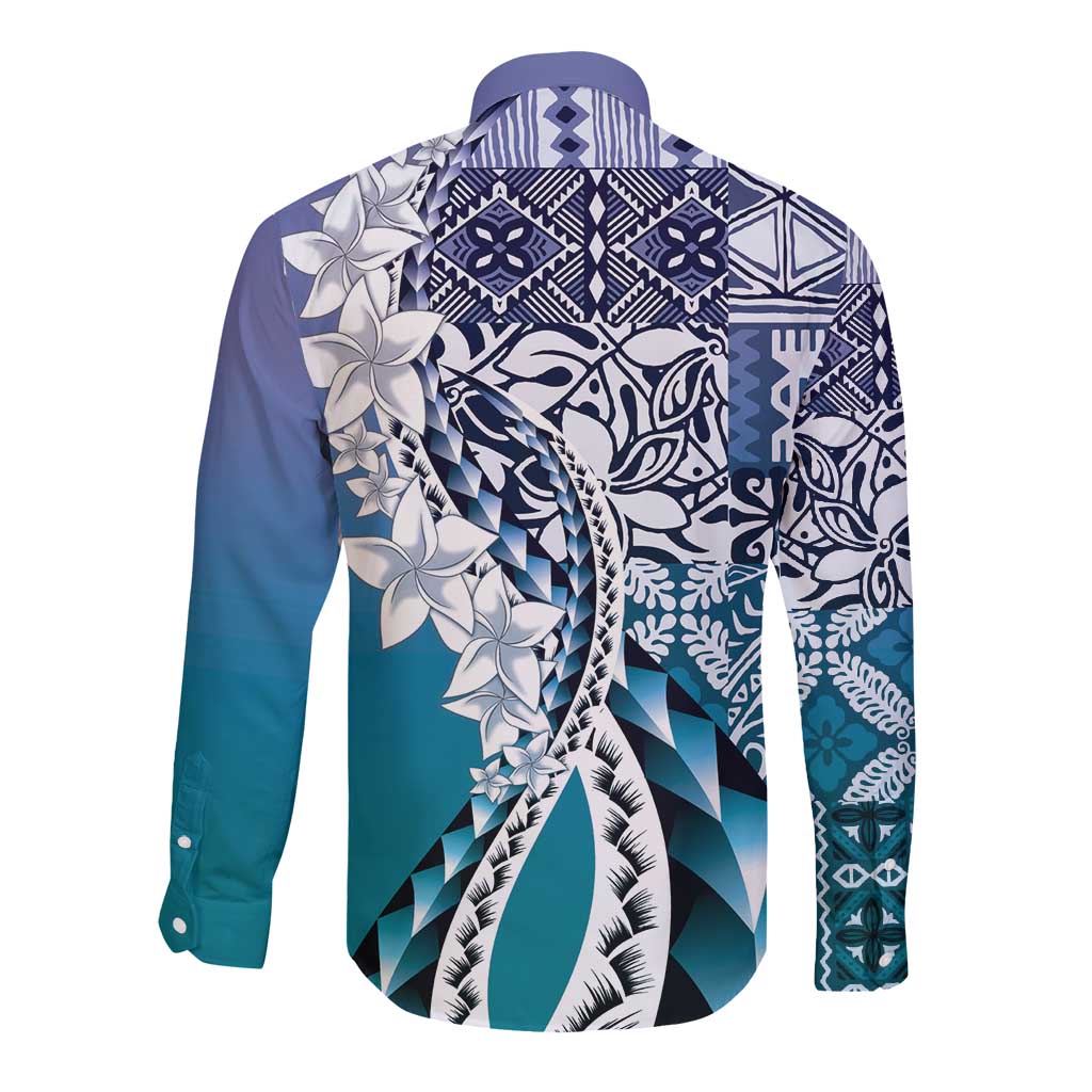 Aloha Vintage Plumeria Hawaiian Tapa Pattern Long Sleeve Button Shirt Blue Hawaiian Tapa Pattern - Polynesian Pride