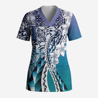 Aloha Vintage Plumeria Hawaiian Tapa Pattern Scrub Top Blue Hawaiian Tapa Pattern - Polynesian Pride