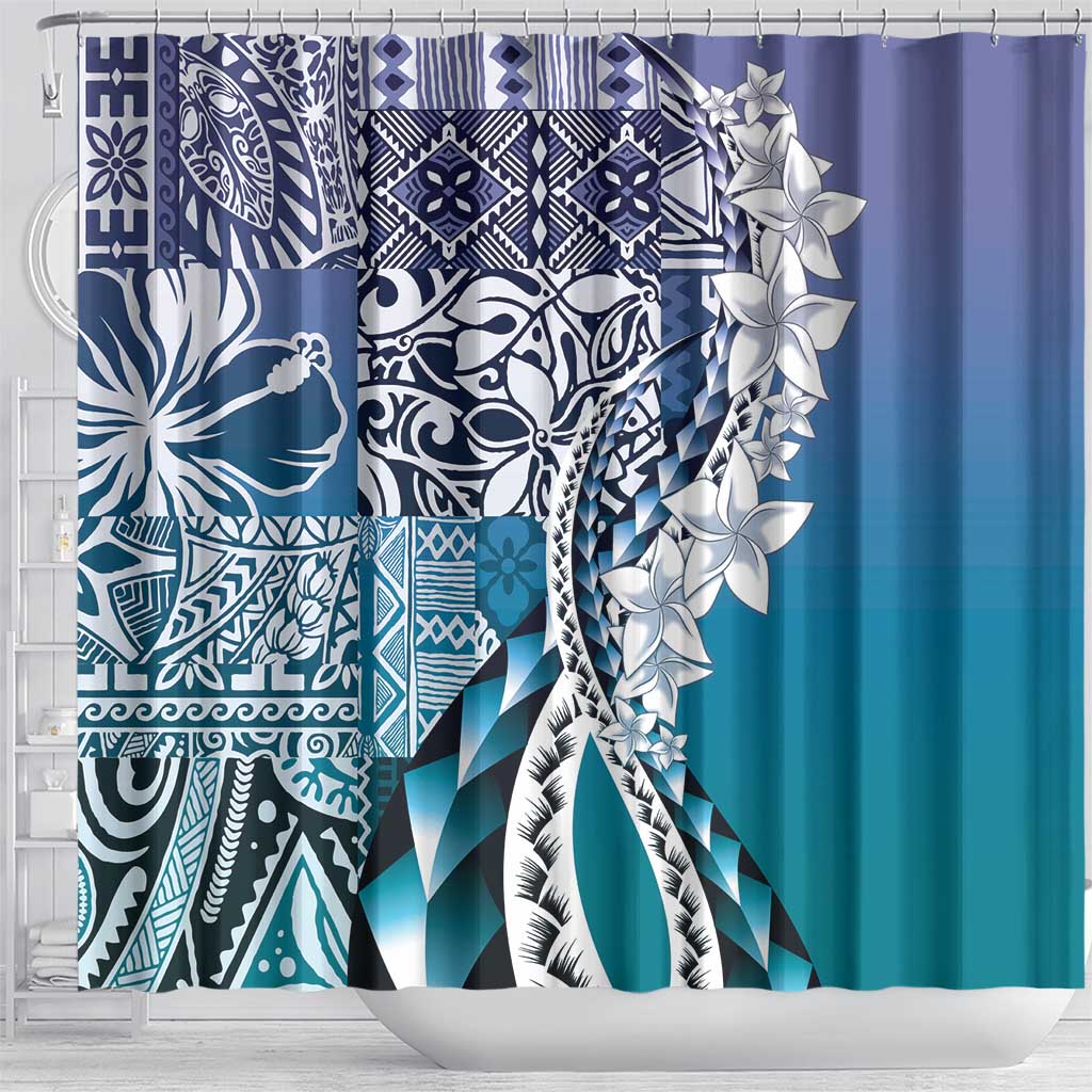 Aloha Vintage Plumeria Hawaiian Tapa Pattern Shower Curtain Blue Hawaiian Tapa Pattern - Polynesian Pride