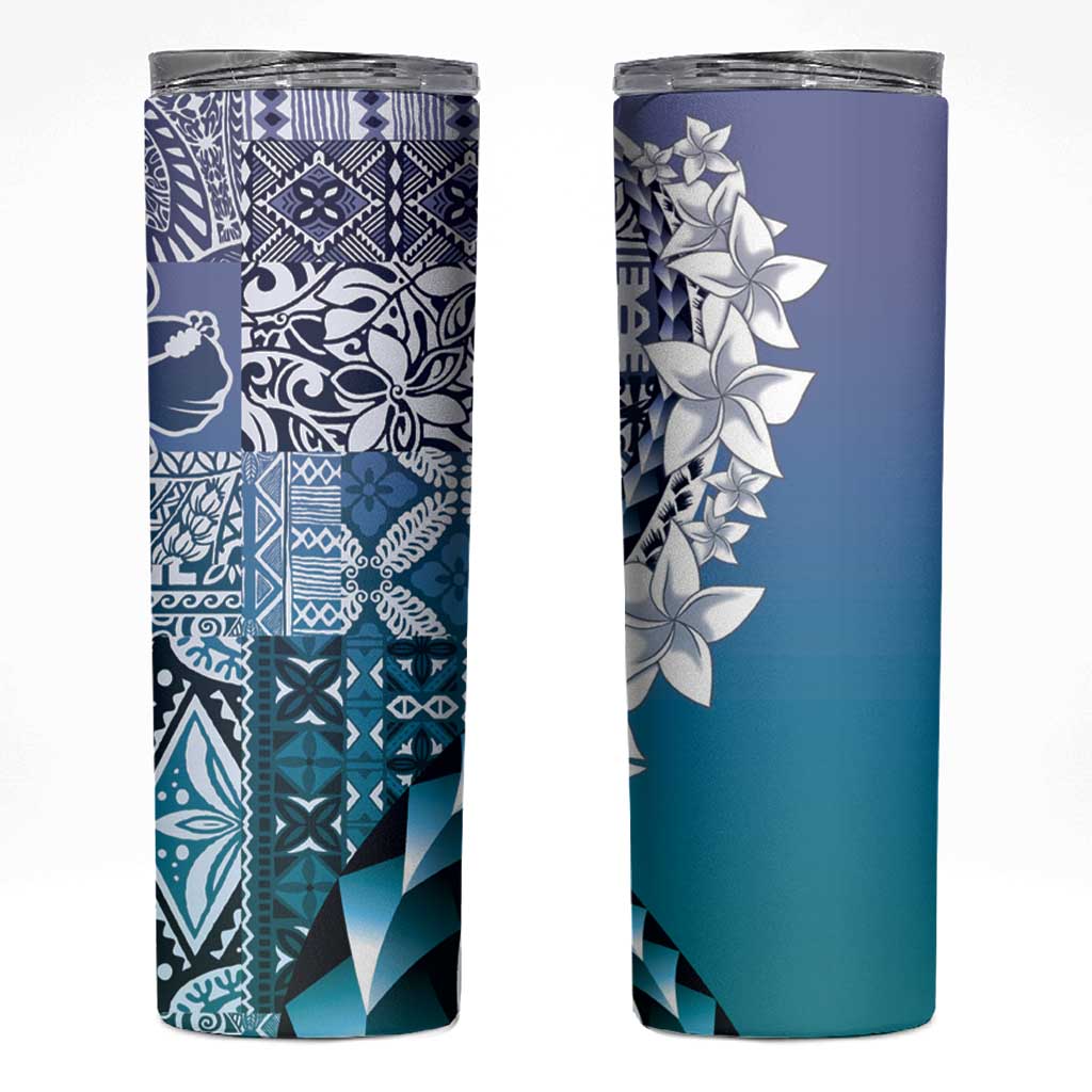 Aloha Vintage Plumeria Hawaiian Tapa Pattern Skinny Tumbler Blue Hawaiian Tapa Pattern - Polynesian Pride