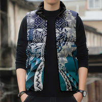 Aloha Vintage Plumeria Hawaiian Tapa Pattern Sleeveless Puffer Jacket Blue Hawaiian Tapa Pattern - Polynesian Pride