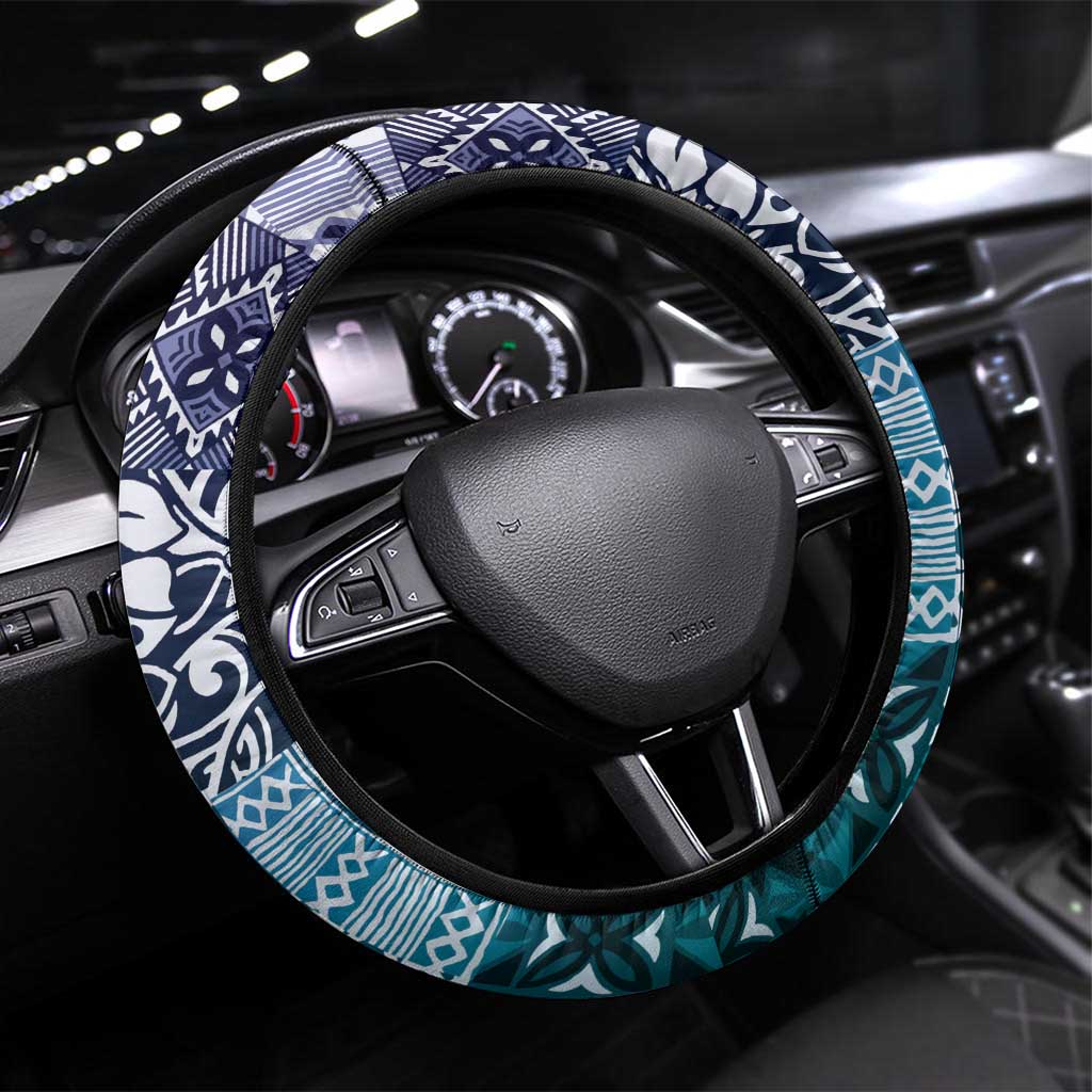 Aloha Vintage Plumeria Hawaiian Tapa Pattern Steering Wheel Cover Blue Hawaiian Tapa Pattern - Polynesian Pride