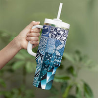 Aloha Vintage Plumeria Hawaiian Tapa Pattern Tumbler With Handle Blue Hawaiian Tapa Pattern - Polynesian Pride