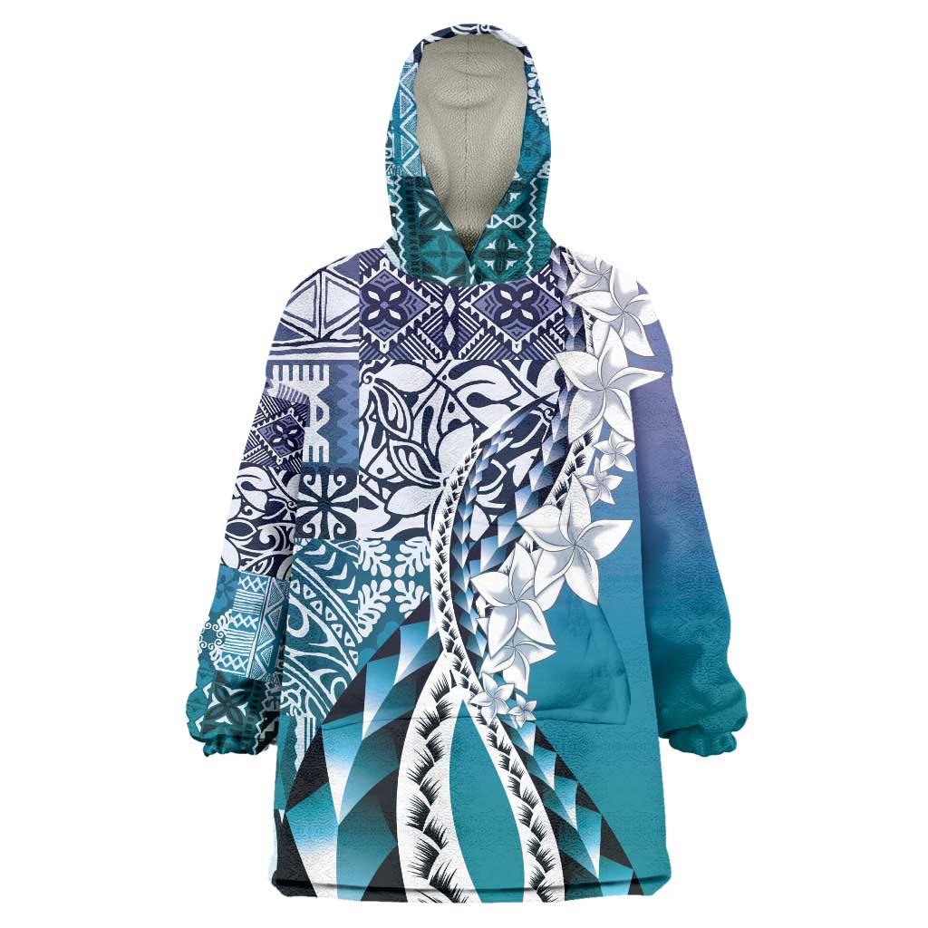 Aloha Vintage Plumeria Hawaiian Tapa Pattern Wearable Blanket Hoodie Blue Hawaiian Tapa Pattern - Polynesian Pride