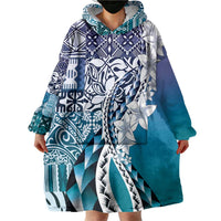 Aloha Vintage Plumeria Hawaiian Tapa Pattern Wearable Blanket Hoodie Blue Hawaiian Tapa Pattern - Polynesian Pride