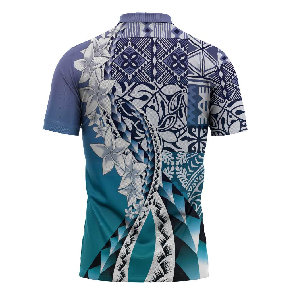 Aloha Vintage Plumeria Hawaiian Tapa Pattern Zipper Polo Shirt Blue Hawaiian Tapa Pattern - Polynesian Pride