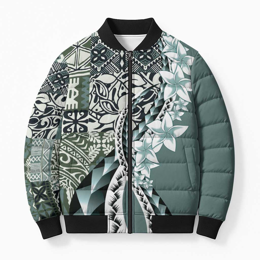 Aloha Vintage Plumeria Hawaiian Tapa Pattern Bomber Puffer Jacket Dark Turquoise Hawaiian Tapa Pattern - Polynesian Pride