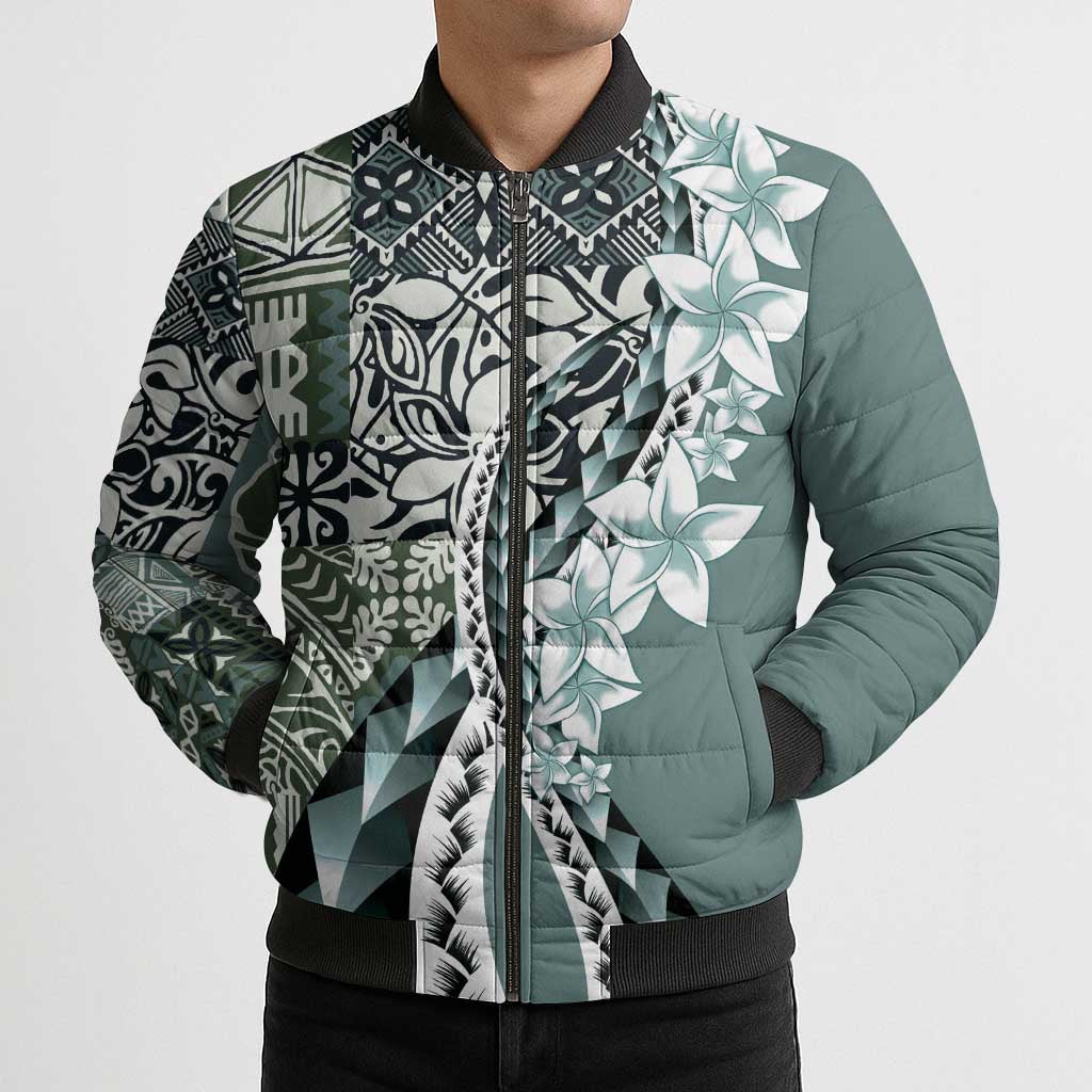 Aloha Vintage Plumeria Hawaiian Tapa Pattern Bomber Puffer Jacket Dark Turquoise Hawaiian Tapa Pattern - Polynesian Pride