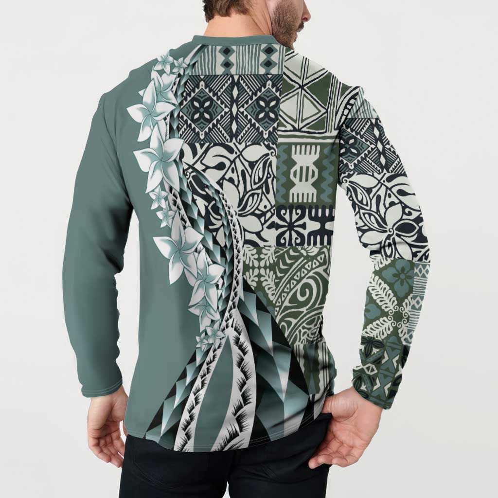 Aloha Vintage Plumeria Hawaiian Tapa Pattern Button Sweatshirt Dark Turquoise Hawaiian Tapa Pattern - Polynesian Pride