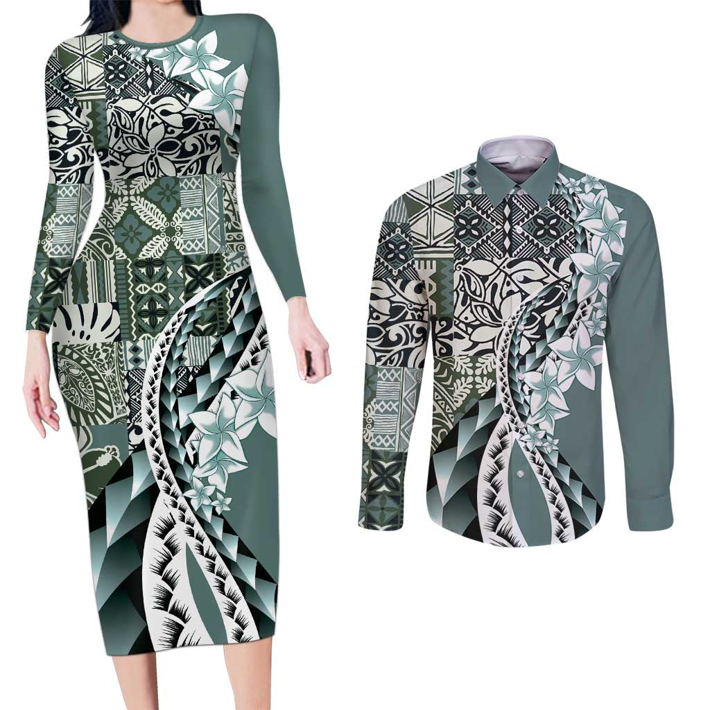 Aloha Vintage Plumeria Hawaiian Tapa Pattern Couples Matching Long Sleeve Bodycon Dress and Long Sleeve Button Shirt Dark Turquoise Hawaiian Tapa Pattern - Polynesian Pride